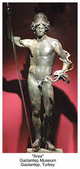 Ares portrayed as a standing stern-expressioned youth, nude, holding a spear and coiled serpent, and crowned with a helm. 
