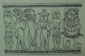 Enkidu and Gilgamesh fighting lions