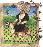 Nasreddin riding on a donkey