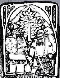 Woodcut of Gilgamesh and Enkidu under the doorway of the sacred cedar