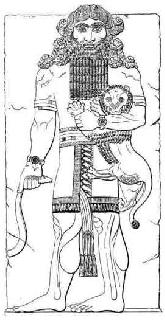 Babalonian line drawing of Gilgamesh with lion and serpent