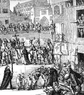woodcut of Inquisition procession to cathedral
