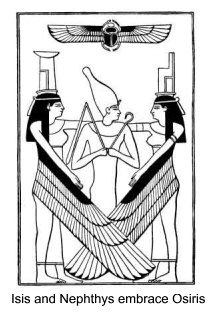 Isis and Nephthys embrace Osiris