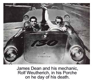 James Dean with his mechanice, Rolf Weutherich, in his Porsche on the day of his death