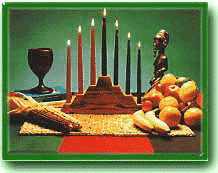 images of Kwanzaa, red, green and black candles, corn