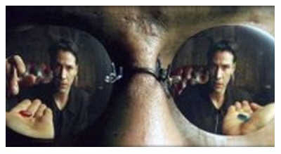 Neo choosing the red pill reflected in Morpheus' glasses