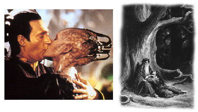 Data kissing the Borg Queen, Merlin being seduced by Nimue