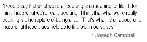 People say that what we're all seeking is a meaning for life.  I don't think that's what we're really seeking.  I think that what we're seeking is the rapture of being alive.  That's what it's all about, and that's what these clues help us to find within ourselves.  Joseph Campbell